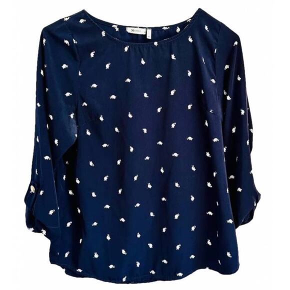 EVERLY Navy Blue White Elephant Print Button Tab Sleeve Silky Blouse Shirt Top M - Picture 10 of 10